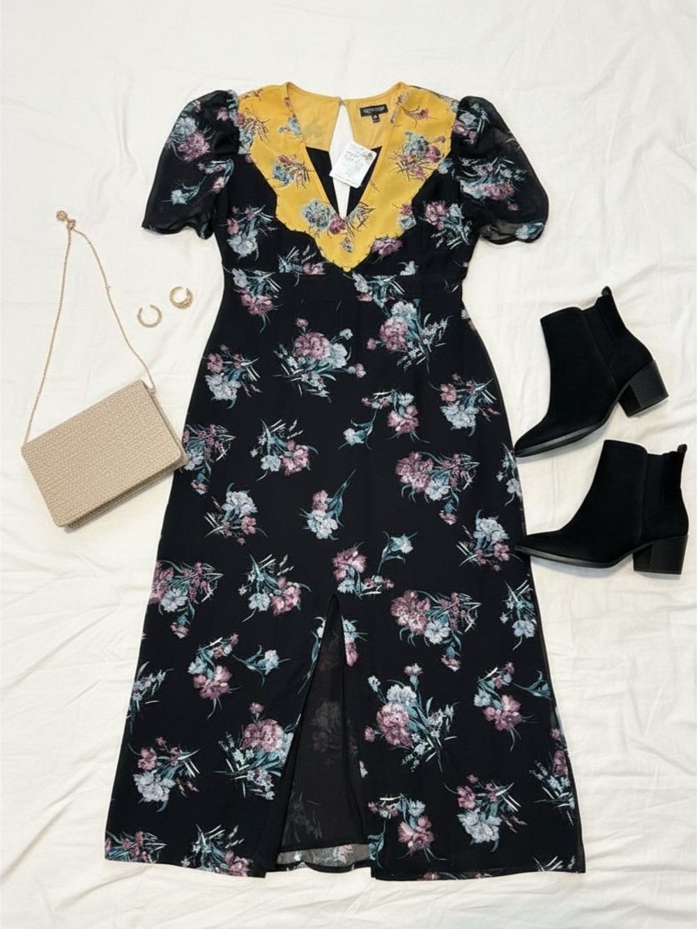 Topshop Black Floral Dress with Mustard V-Yoke